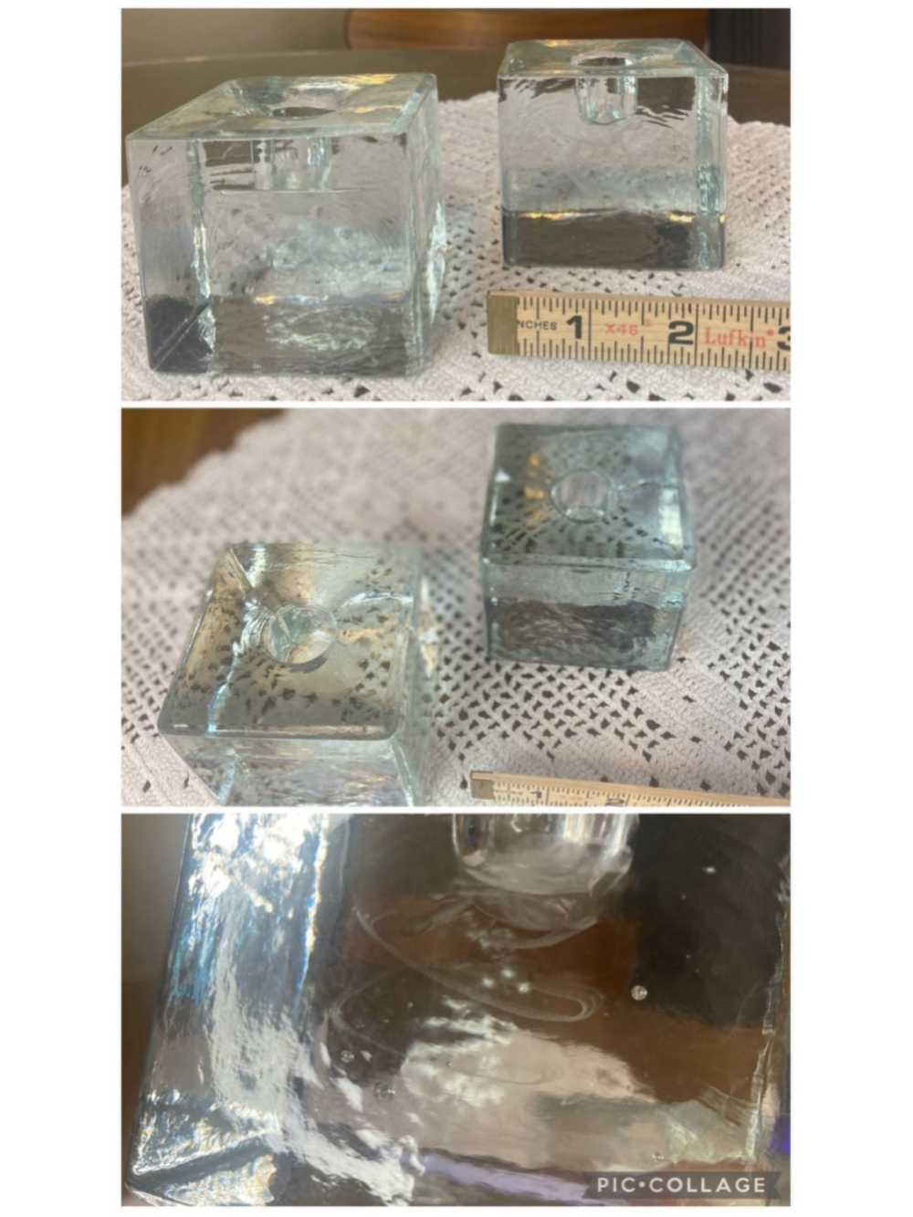 2 solid clear glass ice cube candle holders